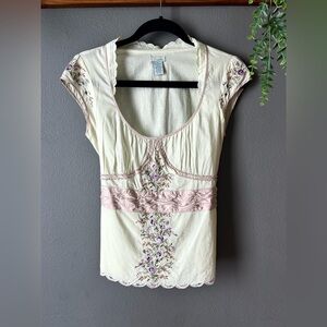 RARE Vintage Silk Anthropologie Odille Embroidered Floral Coquette Top Romantic